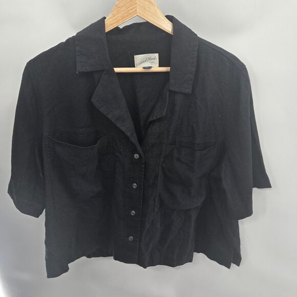 Universal Thread Black Linen Rayon Camp Button Down Short Sleeved Blouse Medium - Picture 1 of 10
